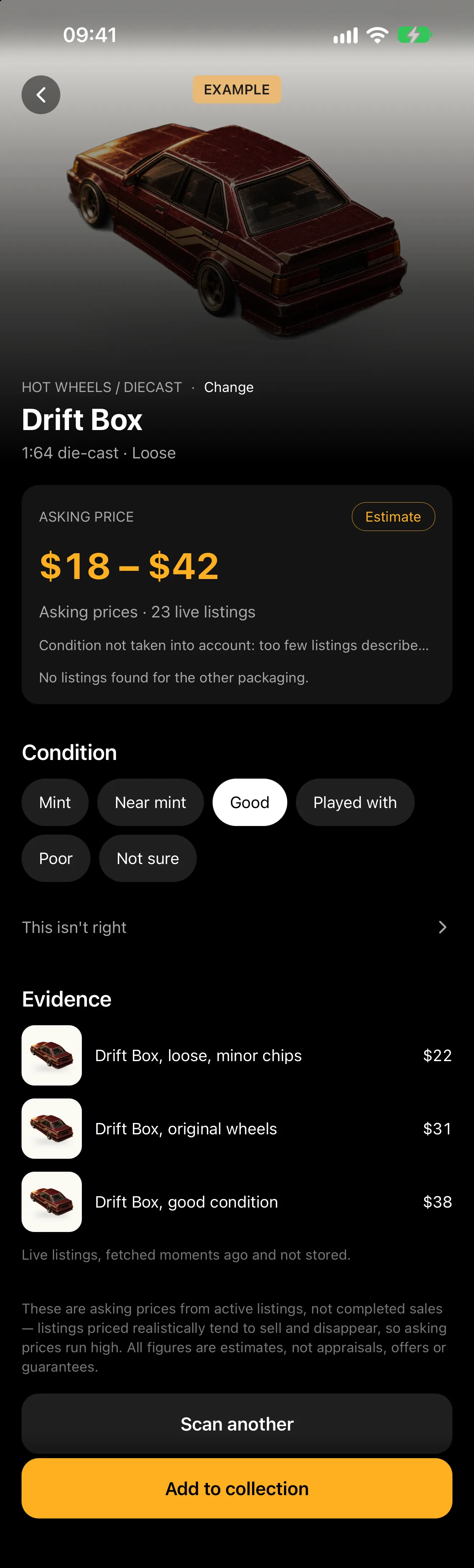 L'écran de résultat complet de l'application (en anglais), marqué EXAMPLE : la fourchette de prix demandés, l'état pris en compte, les annonces en ligne derrière le chiffre, et la mention que les annonces sont récupérées à chaque fois et jamais stockées.