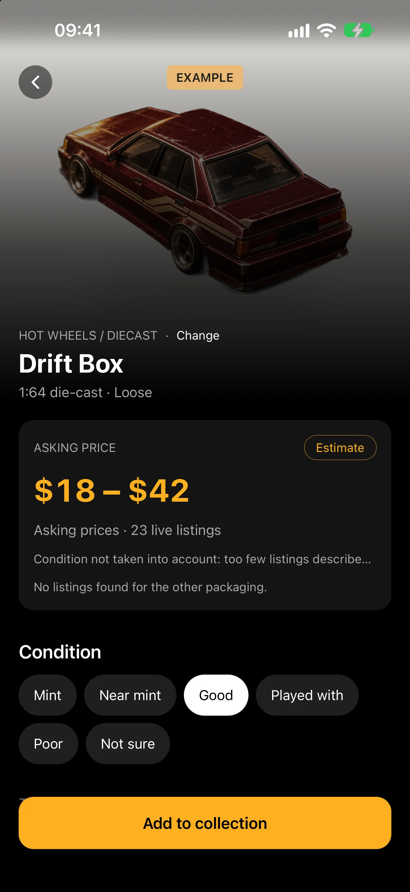 Écran de résultat de l'application (en anglais), marqué EXAMPLE : une voiture miniature d'exemple, la fourchette de 18 $ à 42 $ demandée sur 23 annonces en ligne, et le choix de l'état.